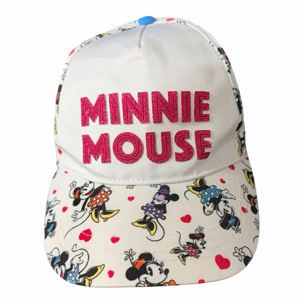 Disney Minnie Mouse White Hat with Pink Glitter Text and Multicolor Minnie Print